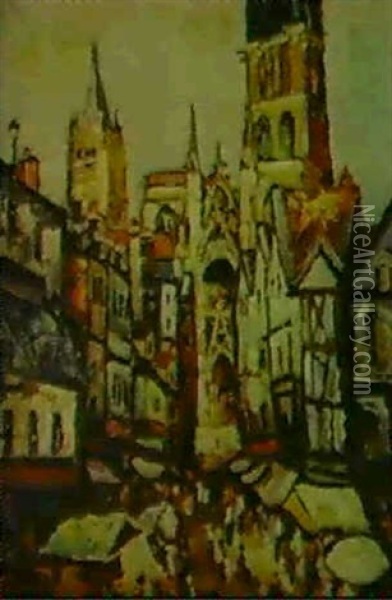 La Cathedrale De Rouen Un Jour De Marche Oil Painting - Pierre Dumont