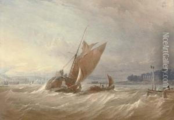 A Hay Barge Running Out Of The Medway With Upnor Castle Abeam Oil Painting - Thomas Sewell Robins