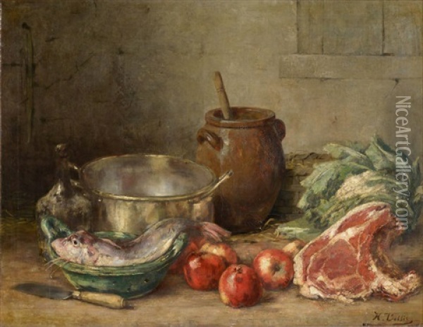 Nature Morte Aux Fruits, Legumes, Poissons Et Viandes Oil Painting - Hubert Bellis