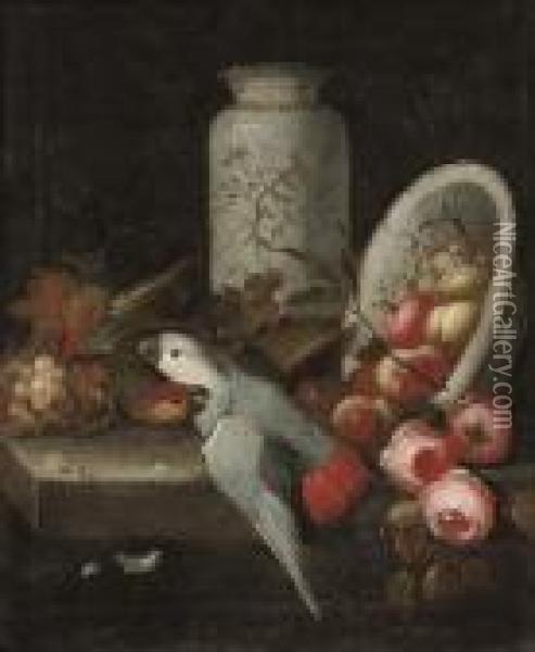 A Pair Of Parrots With Grapes, Roses, Peaches, An Orange And Achina Vase And Bowl Oil Painting - Jakob Bogdani Eperjes C