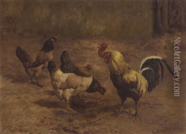 Chickens And A Rooster Oil Painting - William Baptiste Baird