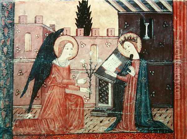 The Annunciation, from the altar frontal of 'The Virgin with Roses', c.1350 Oil Painting - Anonymous Artist