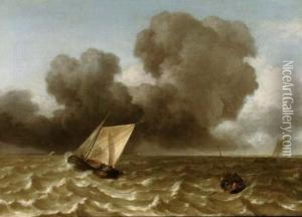 A 'smalschip', A Rowing Boat And Other Vessels In A Rough Sea Oil Painting - Hendrik van Anthonissen