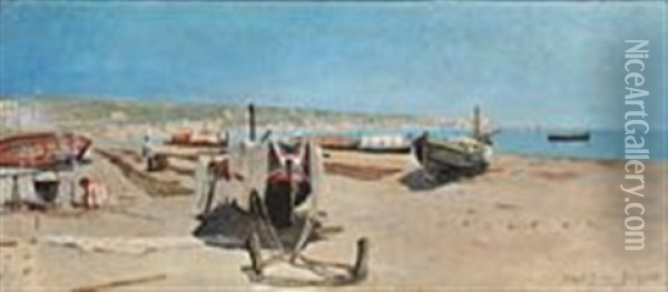 View From The Shore Of Porto D'anzio, Italy Oil Painting - Holger Hvitfeldt Jerichau