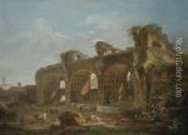 A View Of The Basilica Maxentius
 And Constantine, Rome, Withpeasants And Cattle In The Foreground Oil Painting - Hubert Robert