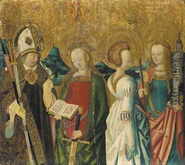 Saints Catherine of Alexandria, Margaret of Antioch and Barbara, and a bishop saint Oil Painting - Master Of The St. Bartholomew Altarpiece