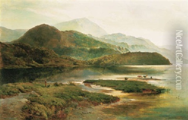 A Mountainous Landscape With Cattle Watering Oil Painting - Sidney Richard Percy