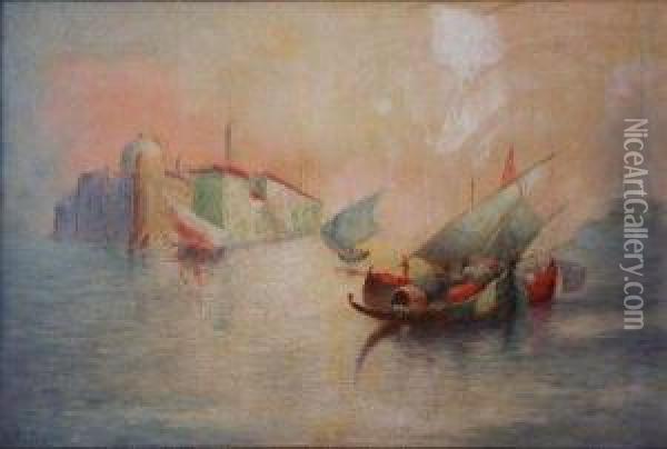 Voiliers Devant Venise Dans Labrume Oil Painting - Augustin Roger