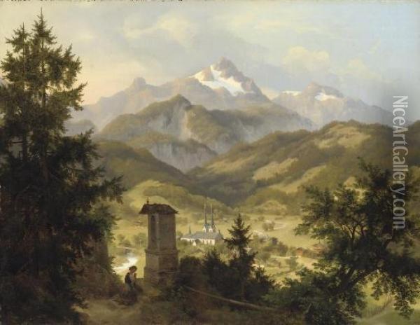 View Of Berchtesgarden And The Watzmann, Bavaria Oil Painting - Karl Eduard Biermann