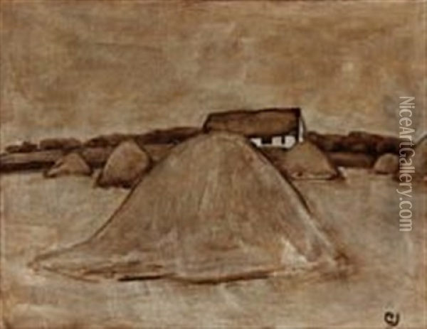 Landscape With Haystacks, Bornholm Oil Painting - Claus Johansen
