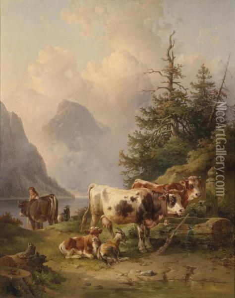 Herd Of Cows Bythe Lake Shore Oil Painting - Edmund Mahlknecht