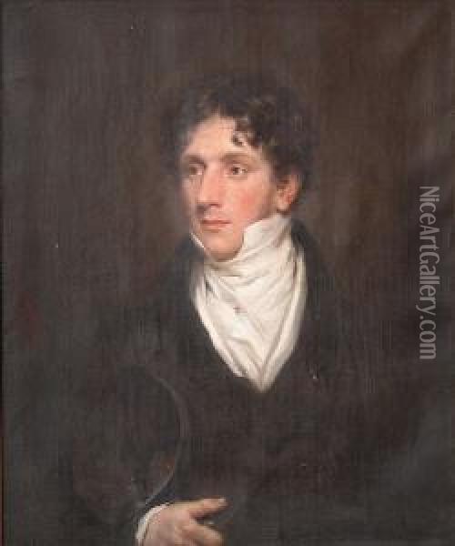A Portrait Of George Thomas Palmer At The Age Of 21, Half-length Holding A Mortar Board Oil Painting - John Simpson