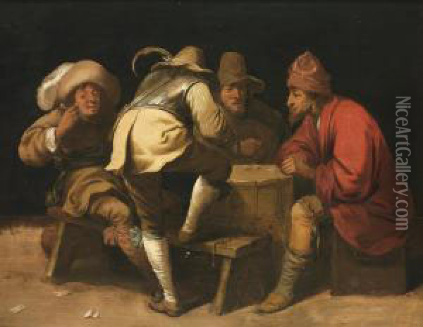 Interior With Cavaliers Playing Dice Over A Marching Drum Oil Painting - Pieter Jansz. Quast