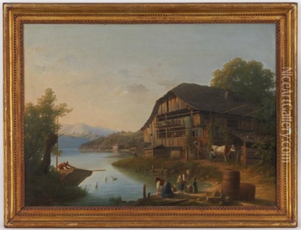 Maison De Paysan Allemand Au Bord Du Lac De Thoune Oil Painting - Louis-Samuel Carrard