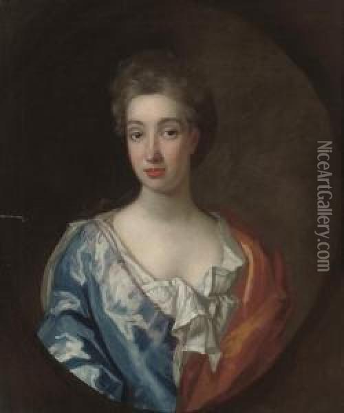 Portrait Of A Lady, Half-length,
 In A Blue Dress And White Chemise, With An Orange Wrap, In A Feigned 
Oval Oil Painting - Richardson. Jonathan