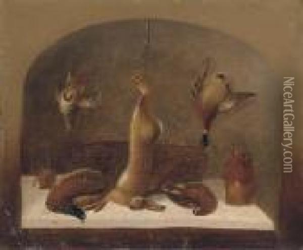 A Kitchen Still Life Within A Feigned Niche; And Another Similar Oil Painting - Benjamin Blake