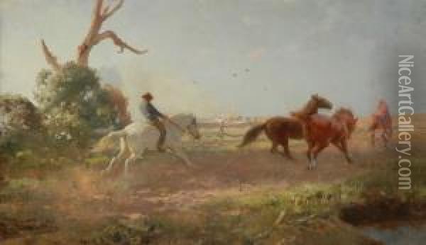 Mustering Horses Oil Oncanvas 
Signed 'j.h. Scheltema' Lower Left 44.5 X 75 Cm Provenance:private 
Collection Melbourne Oil Painting - Jan Hendrik Scheltema