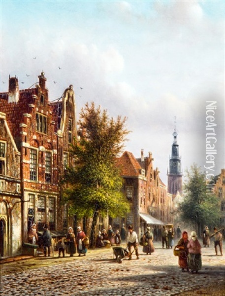 Hollands Stadsgezicht Met Figuren Oil Painting - Johannes Franciscus Spohler