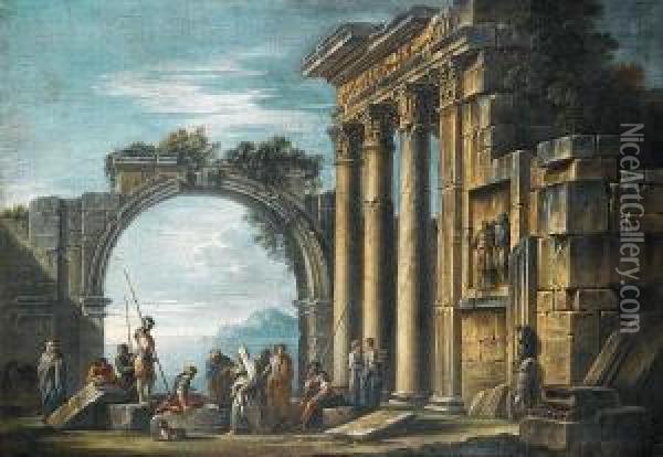 Classical Ruins Before An Italianate Lake Landscape Oil Painting - Giovanni Ghisolfi