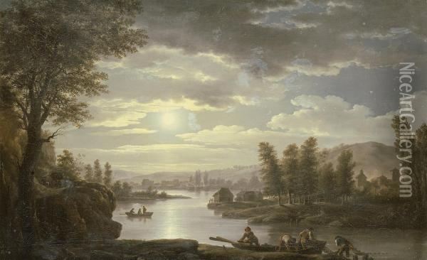 Pecheurs Relevant Des Filets Au Clair De Lune Oil Painting - Jean-Francois Hue