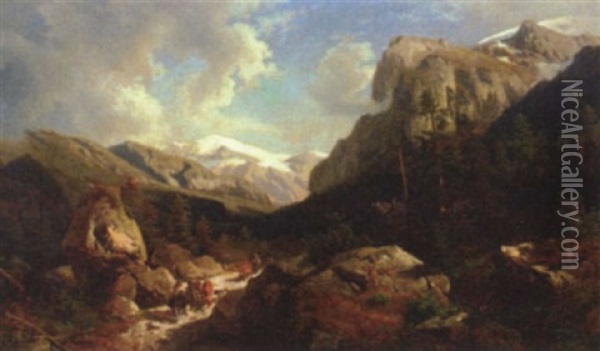 Cattle Drovers In An Extensive Mountain Landscape Oil Painting - John Robinson Tait