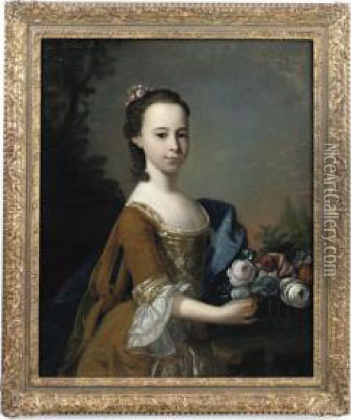 Portrait Of A Young Girl, Half-length, In A Gold Dress With A Blue Wrap, Holding A Basket Of Flowers Oil Painting - Henry Pickering