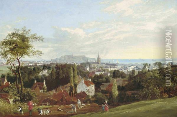 View Of St. Helier, Jersey, With Fort Regent And Elizabeth Castlein St. Aubin's Bay Beyond Oil Painting - Philip Hutchins Rogers