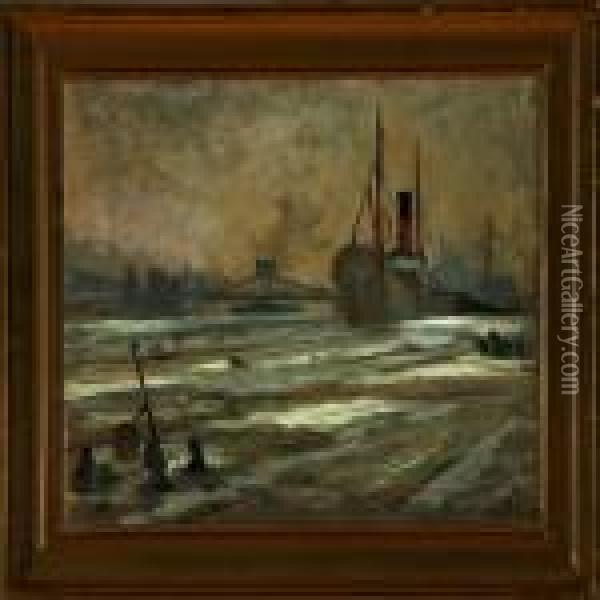 Sally Philipsen: Harbour Scenery From Copenhagen, Denmark. Signed Sally Philipsen Oil Painting - Sally Philipsen