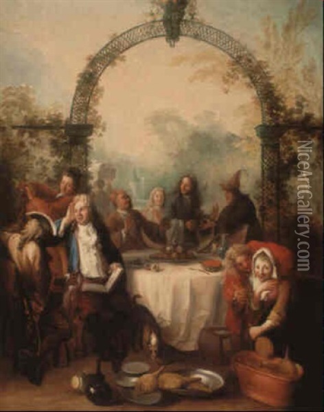 Elegant Figures At A Banquet In A Garden Setting Oil Painting - Antoine Pesne