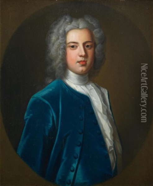 Portrait Of William Clavering-cowper, 2nd Earl Of Cowper, Bust-length, In A Blue Coat, Within A Painted Oval In A Chippendale Style Frame Oil Painting - Enoch Seeman