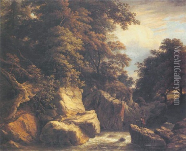 A Wooded River Landscape With An Angler On A Rock Casting His Line Oil Painting - William Ashford
