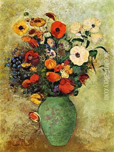 Bouquet Of Flowers In A Green Vase Oil Painting - Odilon Redon