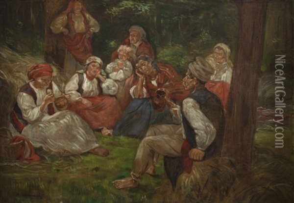 Rest In Forest Oil Painting - Wincenty Wodzinowski