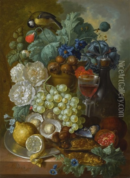 Still Life With Fruit And Flowers, Together With Oysters, Mussels, Smoked Herring, A Glass Of Wine And A Decanter Oil Painting - Jan van Os