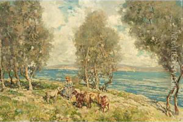 A Goatherd Near A Lake Oil Painting - Giuseppe Giardiello
