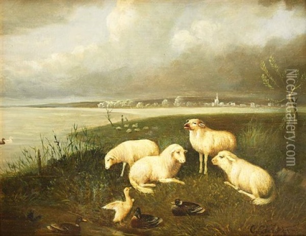 Schafe Mit Enten Am Seeufer, Im Hintergrund Ein Kleines Dorf Oil Painting - Carl Jutz the Elder