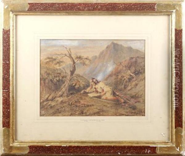 A Traveller Resting In A Mountain Landscape Oil Painting - Charles Cattermole