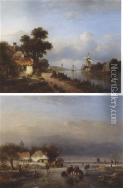 A Summer Landscape With Figures On A Riverbank Oil Painting - Lodewijk Johannes Kleijn