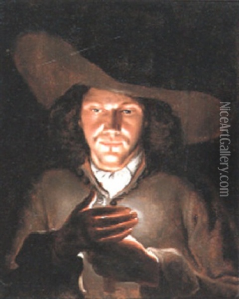 A Young Man, Half Length, Wearing Wide-brimmed Hat, Protecting The Flame Of A Candle With His Hand Oil Painting - Adam de Coster