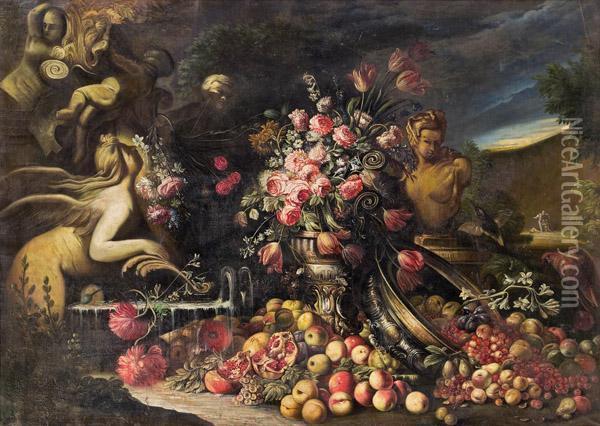 Stillleben Mit Fruchten, Blumen Und Steinfiguren Oil Painting - Abraham Brueghel