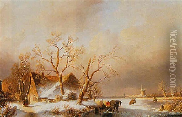 Figures Near A Pushcart On A Frozen River Oil Painting - Andreas Schelfhout