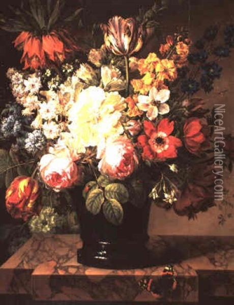 Floral Still-life With Roses, Tulips And Dahlias In A Black Vase] Oil Painting - Joseph-Laurent Malaine