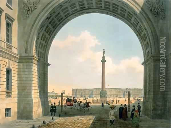 Palace Square, View from the Arch of the Army Headquarters, St. Petersburg Oil Painting - Louis Jules Arnout