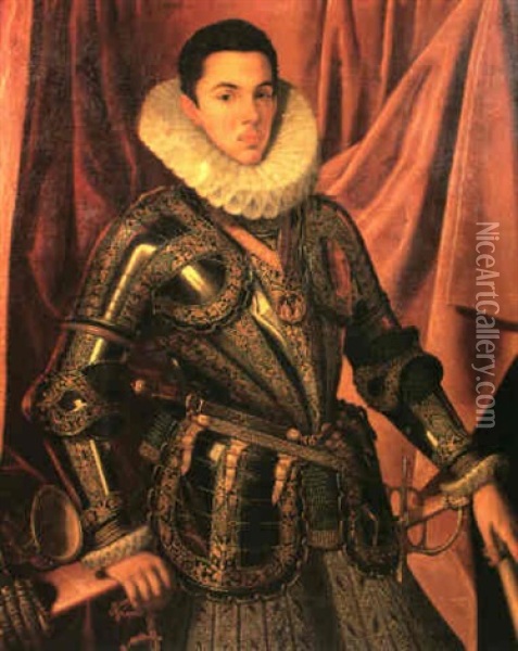 A Portrait Of A Nobleman, Three Quarter Length Wearing      Dress Armour With Elaborate Ornamentation In Gold And The Oil Painting - Alonso Sanchez Coello
