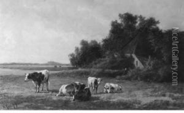 Cows Grazing In A Summer Meadow Oil Painting - Hendrik Savrij