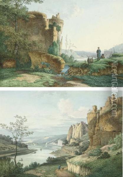 Shepherd Boys With A Dog Beneath
 A Ruined Castle On A Crag; And A Mountainous River Landscape Oil Painting - Joseph Augustus Knip