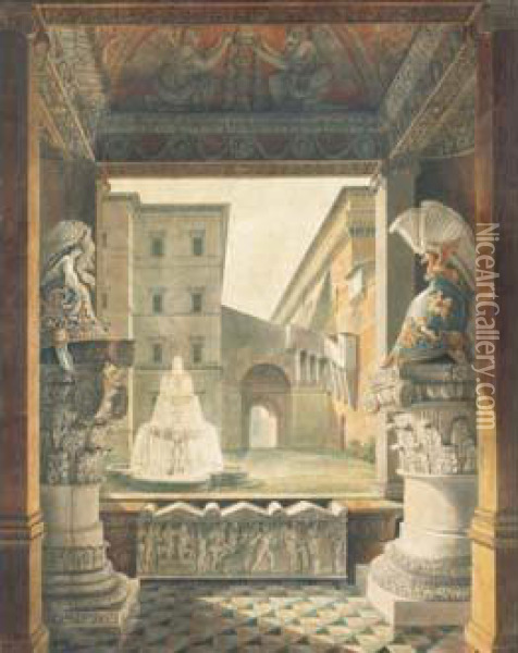 Etude De Sculptures Antiques Dans Une Cour Du Vatican Oil Painting - Louis Pierre Baltard