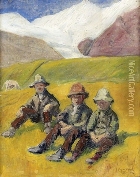 Drei Sitzende Hirtenkinder Vor Alpenlandschaft Oil Painting - Edouard Morerod