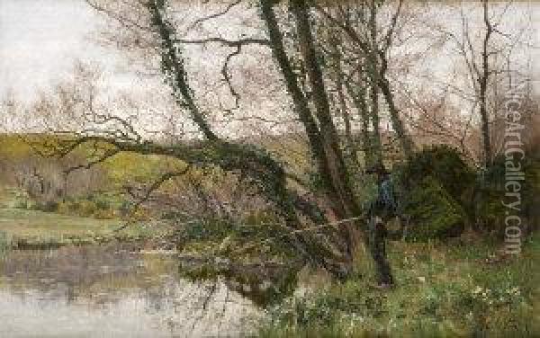 Breton Fisherman Beside A Stream Oil Painting - Aloysius C. O'Kelly
