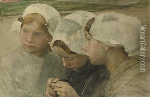 Drie Scheveningse Meisjes: Three Friends, Scheveningen Oil Painting - Pieter De Josselin De Jong
